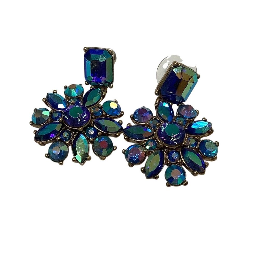 J. Crew Blue Aurora Borealis Crystal Flower Cluster Statement Earrings A7-6
